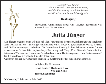 Traueranzeige von Jutta Jünger von Thüringer Allgemeine, Thüringische Landeszeitung