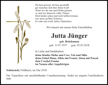 Traueranzeige von Jutta Jünger von Thüringer Allgemeine, Thüringische Landeszeitung