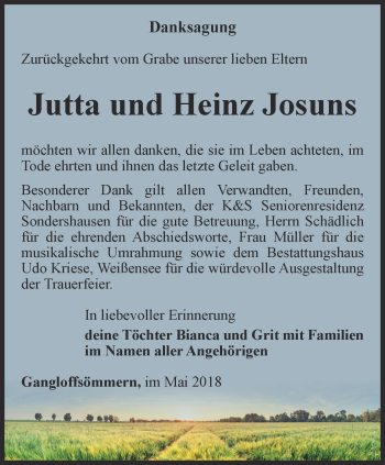 Traueranzeige von Jutta und Heinz Josuns von Thüringer Allgemeine
