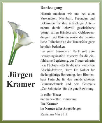 Traueranzeige von Jürgen Kramer von Ostthüringer Zeitung