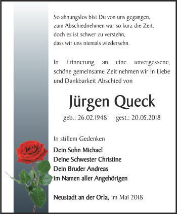 Traueranzeige von Jürgen Queck von Ostthüringer Zeitung