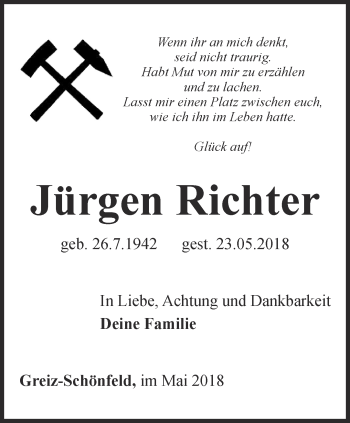 Traueranzeige von Jürgen Richter von Ostthüringer Zeitung