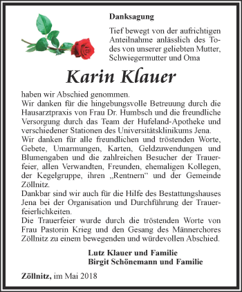 Traueranzeige von Karin Klauer von Ostthüringer Zeitung, Thüringische Landeszeitung