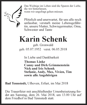 Traueranzeige von Karin Schenk von Thüringer Allgemeine, Thüringische Landeszeitung