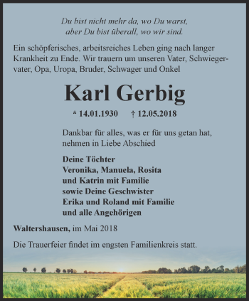 Traueranzeige von Karl Gerbig von Ostthüringer Zeitung, Thüringische Landeszeitung