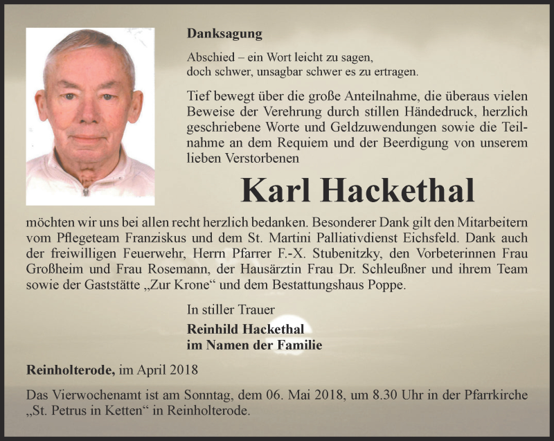  Traueranzeige für Karl Hackethal vom 05.05.2018 aus Thüringer Allgemeine