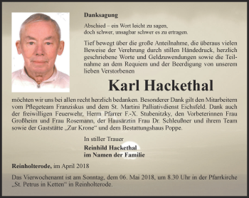 Traueranzeige von Karl Hackethal von Thüringer Allgemeine