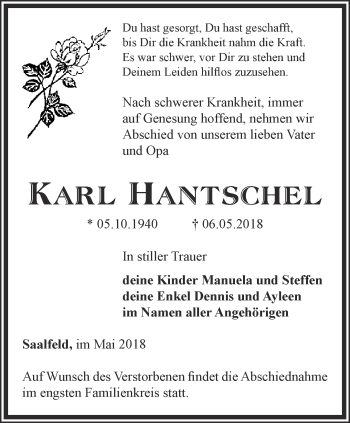 Traueranzeige von Karl Hantschel von Ostthüringer Zeitung