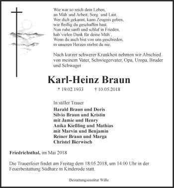 Traueranzeige von Karl-Heinz Braun von Thüringer Allgemeine