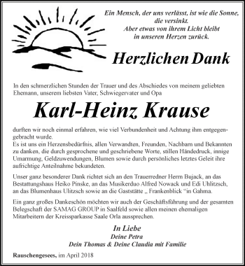 Traueranzeige von Karl-Heinz Krause von Ostthüringer Zeitung