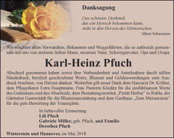Traueranzeige von Karl-Heinz Pfuch von Ostthüringer Zeitung, Thüringische Landeszeitung