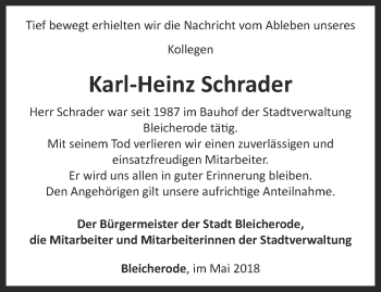 Traueranzeige von Karl-Heinz Schrader von Thüringer Allgemeine