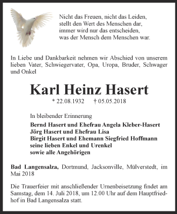 Traueranzeige von Karl Heinz Hasert von Thüringer Allgemeine, Thüringische Landeszeitung
