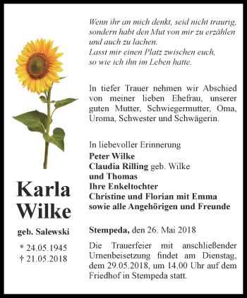 Traueranzeige von Karla Wilke von Thüringer Allgemeine