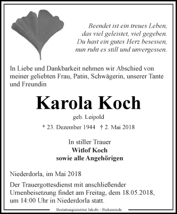 Traueranzeige von Karola Koch von Thüringer Allgemeine, Thüringische Landeszeitung
