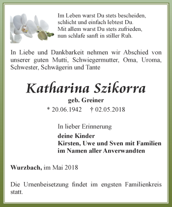 Traueranzeige von Katharina Szikorra von Ostthüringer Zeitung