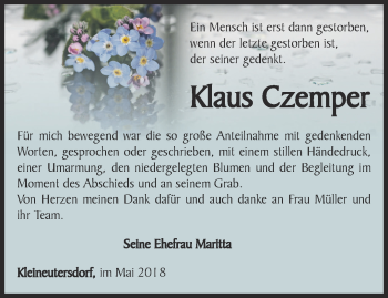 Traueranzeige von Klaus Czemper von Ostthüringer Zeitung, Thüringische Landeszeitung