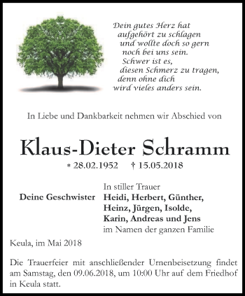 Traueranzeige von Klaus-Dieter Schramm von Thüringer Allgemeine, Thüringische Landeszeitung