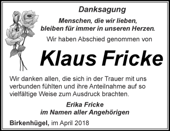 Traueranzeige von Klaus Fricke von Ostthüringer Zeitung