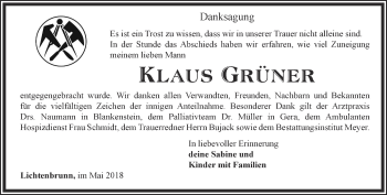 Traueranzeige von Klaus Grüner von Ostthüringer Zeitung