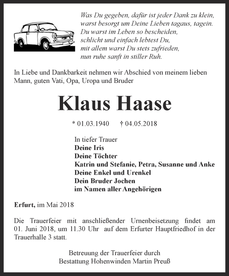  Traueranzeige für Klaus Haase vom 09.05.2018 aus Thüringer Allgemeine, Thüringische Landeszeitung
