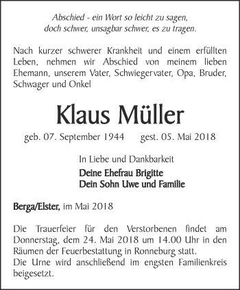 Traueranzeige von Klaus Müller von Ostthüringer Zeitung, Thüringische Landeszeitung