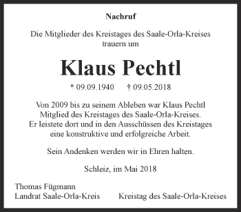 Traueranzeige von Klaus Pechtl von Ostthüringer Zeitung