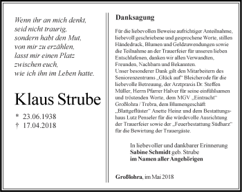 Traueranzeige von Klaus Strube von Thüringer Allgemeine