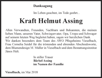 Traueranzeige von Kraft Helmut Assing von Thüringer Allgemeine, Thüringische Landeszeitung