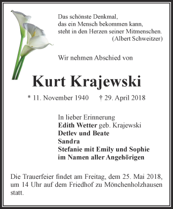 Traueranzeige von Kurt Krajewski von Thüringer Allgemeine, Thüringische Landeszeitung