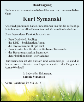 Traueranzeige von Kurt Symanski von Ostthüringer Zeitung