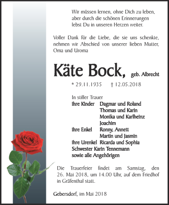 Traueranzeige von Käte Bock von Ostthüringer Zeitung