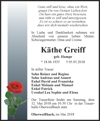 Traueranzeige von Käthe Greiff von Ostthüringer Zeitung