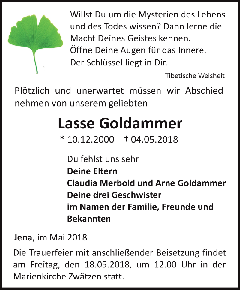  Traueranzeige für Lasse Goldammer vom 12.05.2018 aus Ostthüringer Zeitung, Thüringische Landeszeitung