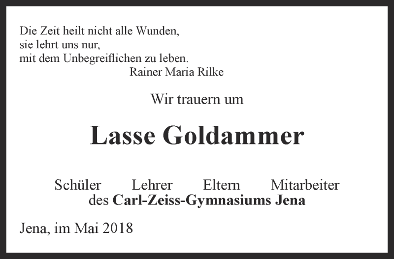  Traueranzeige für Lasse Goldammer vom 19.05.2018 aus Ostthüringer Zeitung, Thüringische Landeszeitung