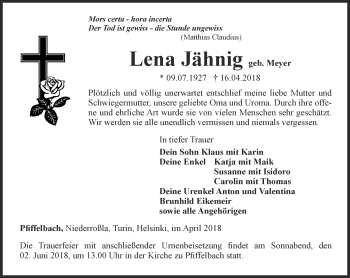 Traueranzeige von Lena Jähnig von Thüringer Allgemeine, Thüringische Landeszeitung