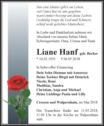 Traueranzeige von Liane Hanf von Ostthüringer Zeitung