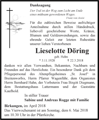 Traueranzeige von Lieselotte Döring von Thüringer Allgemeine