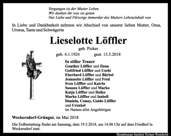 Traueranzeige von Lieselotte Löffler von Ostthüringer Zeitung