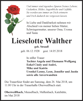 Traueranzeige von Lieselotte Walther von Ostthüringer Zeitung