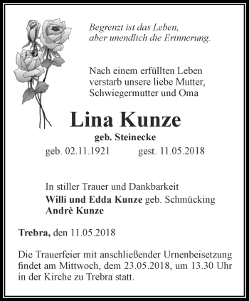 Traueranzeige von Lina Kunze von Thüringer Allgemeine