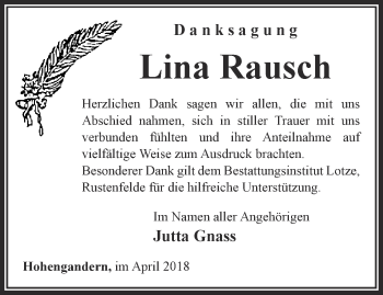 Traueranzeige von Lina Rausch von Thüringer Allgemeine