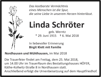 Traueranzeige von Linda Schröter von Thüringer Allgemeine