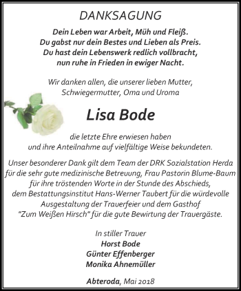 Traueranzeige von Lisa Bode von Thüringer Allgemeine, Thüringische Landeszeitung