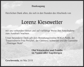 Traueranzeige von Lorenz Kiesewetter von Thüringer Allgemeine