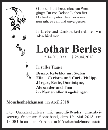 Traueranzeige von Lothar Berles