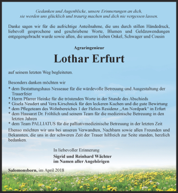 Traueranzeige von Lothar Erfurt von Thüringer Allgemeine, Thüringische Landeszeitung