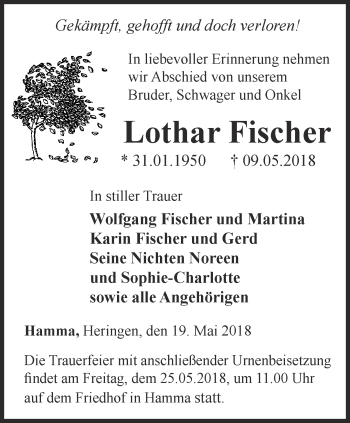 Traueranzeige von Lothar Fischer von Thüringer Allgemeine