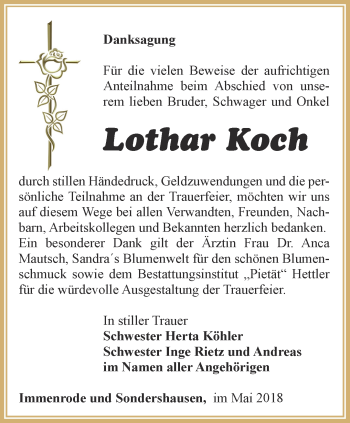 Traueranzeige von Lothar Koch von Thüringer Allgemeine