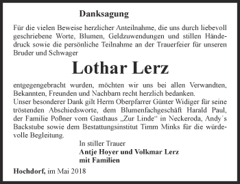 Traueranzeige von Lothar Lerz von Thüringer Allgemeine, Thüringische Landeszeitung